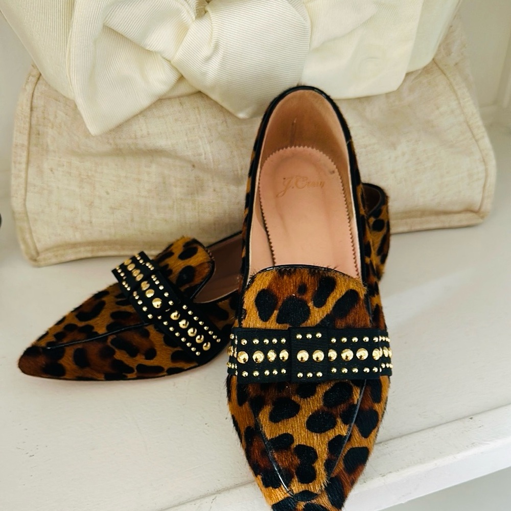 J. Crew Gwen Faux Calf Fur Leopard Print Flats with Studded Bow Strap si3 8 EUC